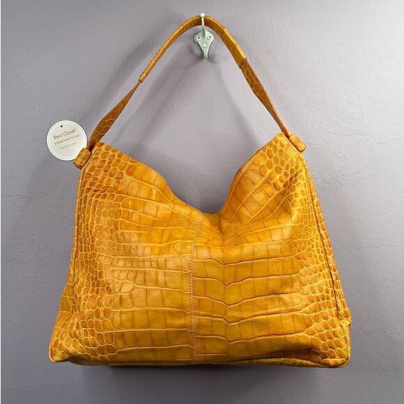 Jenrigo Orange Leather Embossed Crocodile Prototype Large Square Tote Satchel - Picture 5 of 12